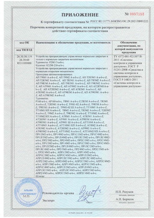 Приложение к сертификату соответствия на электро-механические изделия лист 1